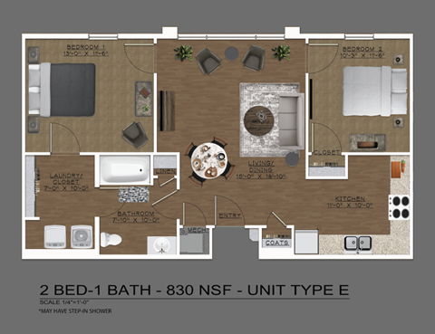 Floor plan for 2 beds, 1 bath, 912 sqft